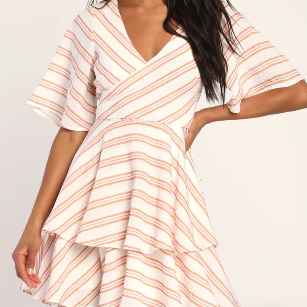 Lulu's Hamptons Style White Striped Flutter Sleeve Tie-Back Mini Dress